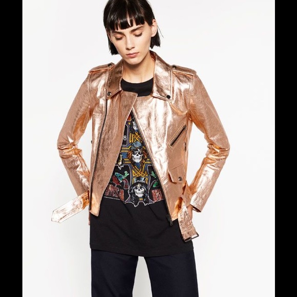 Zara Woman Metallic Rose Gold Leather Moto Jacket - Picture 2 of 16